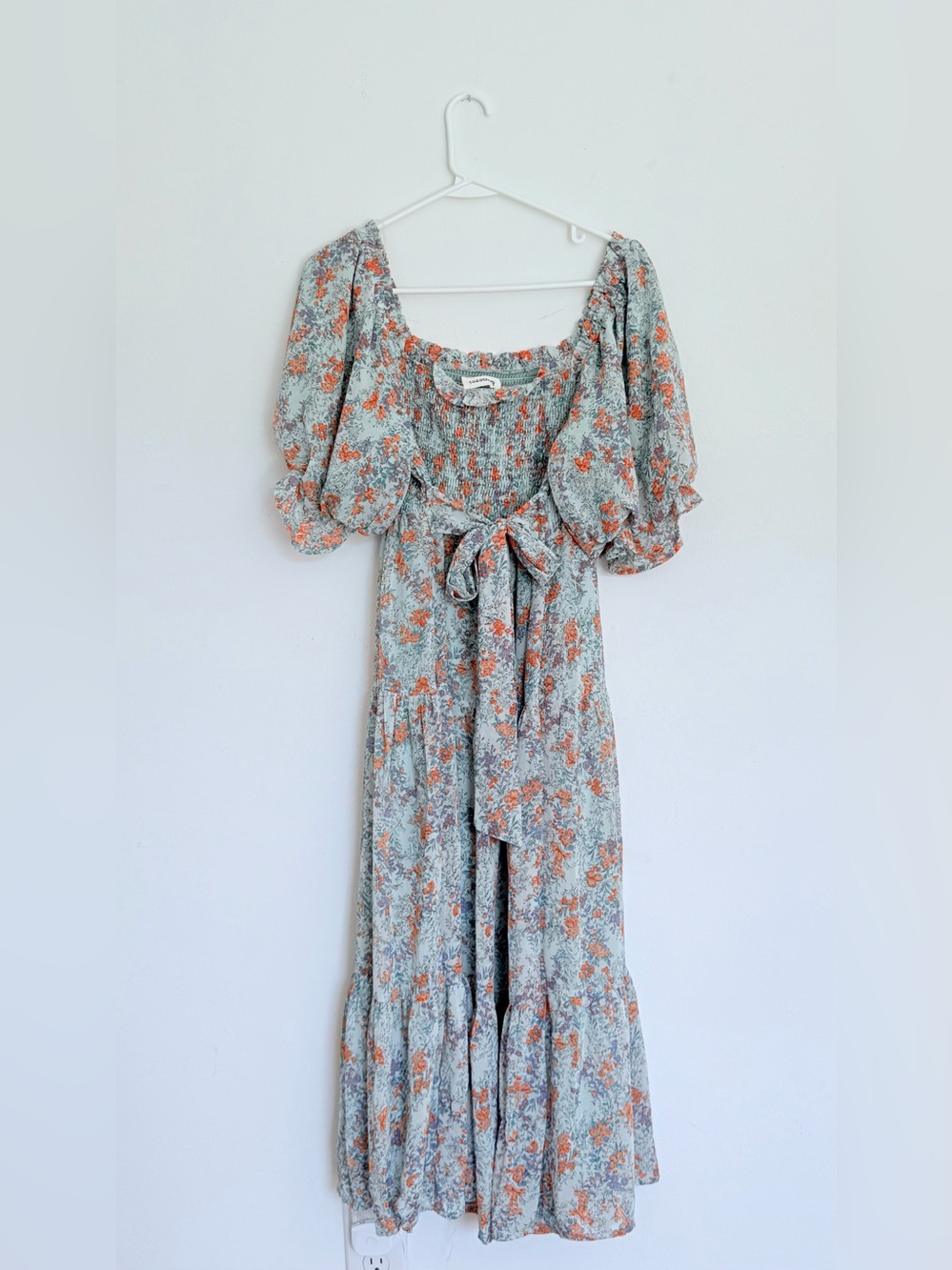 Floral Smocked Maxi Dress with Puff Sleeves - Light Blue and Orange - Picture 3 of 4
